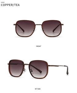 Front and side view of oversized metal sunglasses with copper tea gradient lenses