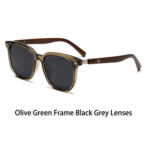 Vintage round polarized sunglasses with olive green frame and wood grain temples
