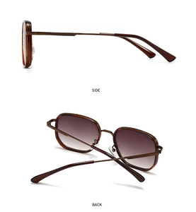 Side and back view of retro rectangle sunglasses with amber frames and metal temples