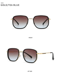 Front and side view of gold metal round sunglasses with tea blue gradient lenses