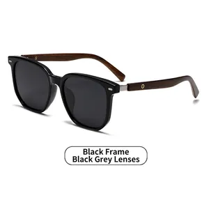 Polarized round sunglasses featuring black frame and brown wood grain temples