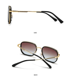 Detailed side and back view of round retro sunglasses with gradient lenses and metal temples