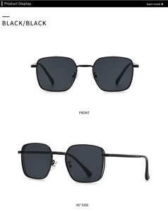 Front and side view of square black sunglasses with silver nose pads and metallic frames