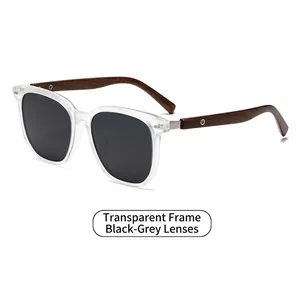 Polarized round sunglasses with transparent frame and dark grey lenses and wood temples