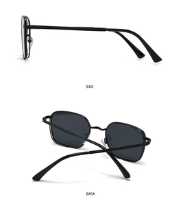 Side and back view of retro round metal sunglasses with thin frames and dark lenses