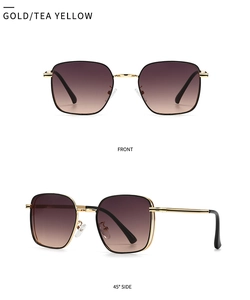 Front and 45-degree side views of gold metal square sunglasses with tea yellow lenses