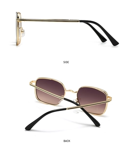 Detailed side and back view of golden metal round sunglasses with brown gradient lenses