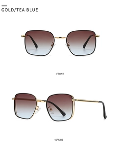 Detailed front and side views of gold metal sunglasses with tea blue gradient lenses