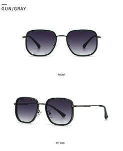 Front and 45-degree side views of retro round metal sunglasses with gun gray gradient lenses