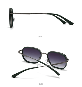 Detailed side and back views of retro dark green metal sunglasses with thin temples