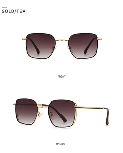 Front and 45-degree side views of gold metal square sunglasses with gradient tea lenses