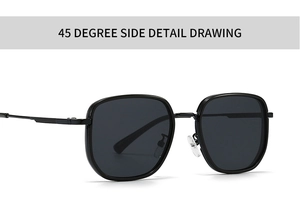 Detail of black oversized square sunglasses frame with 45-degree angle side view