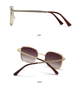 Detail view of gold metal sunglasses with brown gradient lenses from side and back angles