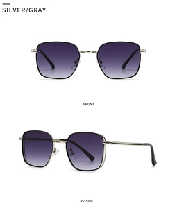 Close-up of silver metal sunglasses with gradient gray lenses from front and side angles