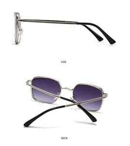 Detail view of silver metal round sunglasses with purple gradient lenses side and back views
