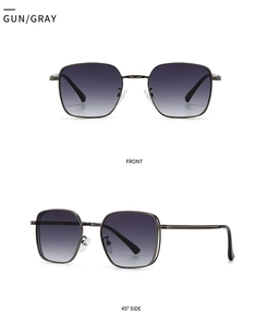 Front and side view of retro round metal sunglasses in gunmetal with gradient grey lenses