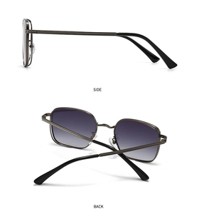 Detail view of gunmetal frame sunglasses with purple gradient lenses and nose pads