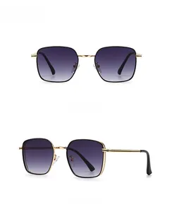 Front and 45-degree side views of retro gold metal round sunglasses with gradient lenses