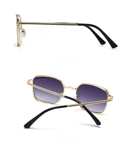 Side and back view of retro gold metal sunglasses with purple gradient square lenses