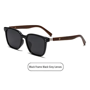 Classic black square polarized sunglasses with walnut wood grain temples and gray lenses