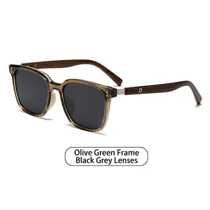 Olive green round polarized sunglasses with walnut texture wood temples and gray lenses