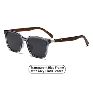 Polarized sunglasses with transparent grey frame and natural wood temples on white background
