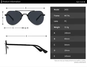 Detailed size specifications for retro narrow pilot sunglasses with metal frame dimensions