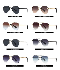 Detailed grid showing eight color variants of rimless pilot sunglasses with metal temples
