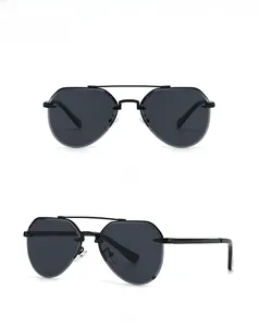 Front and side view of black vintage narrow aviator sunglasses with metal double bridge