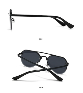 Side and back view of retro narrow sunglasses with double bridge and black metal frame