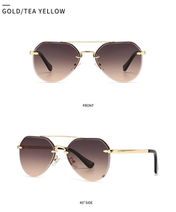 Detailed front and side view of rimless aviator sunglasses with gold frame and gradient lenses