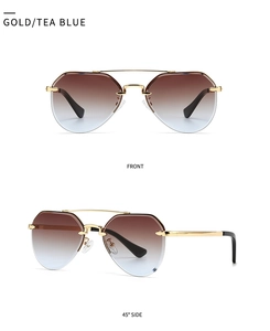 Front and 45-degree views of gold aviator sunglasses with tea blue gradient lenses
