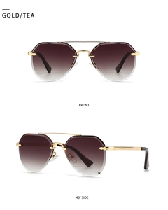 Front and 45-degree views of gold metal aviator sunglasses with tea gradient lenses