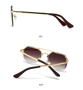 Detail view showing the golden metal side temples and back frame of stylish sunglasses
