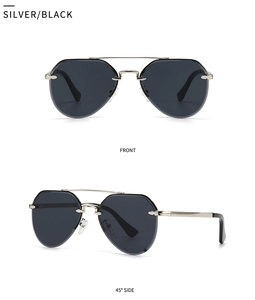 Front and 45-degree side views of silver vintage aviator sunglasses with black lenses