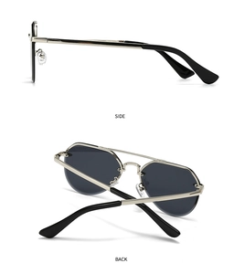 Side and back view of retro narrow metal frame sunglasses with polygonal gray lenses