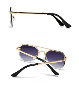 Detailed side and back views of modern narrow metal sunglasses with gradient purple lenses