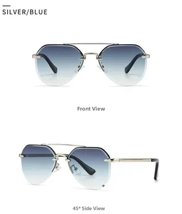 Detail view of silver geometric sunglasses with blue gradient lenses in front and side views