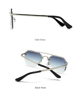 Detail view of silver metal slim frame sunglasses with blue gradient lenses and nose pads