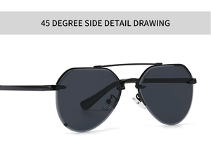 45-degree side view of modern retro narrow pilot sunglasses with dark grey lenses and black metal temples