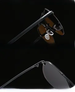 Detail of black frame sunglasses showing nose pads, metal hinges, and UV lenses