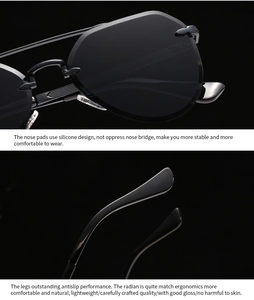 Detail of soft silicone nose pads and ergonomic temple tips on black metal sunglasses