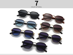 Flat lay display of retro narrow polygon sunglasses in seven distinct color options