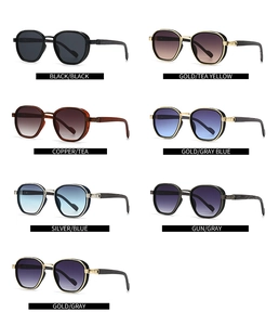 Collection of retro narrow metal sunglasses in multiple frame colors and wood texture arms