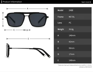 Detailed technical size chart for vintage metal frame sunglasses with precise measurements