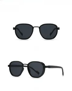 Front and side angles of black retro sunglasses with wood texture on temples