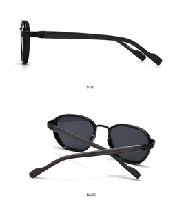 Side and back view of retro narrow sunglasses featuring dark wood grain textured temples