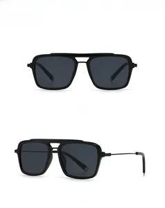 Front and 45-degree side views of black double bridge vintage square sunglasses