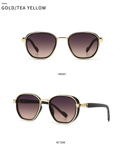 Detail of gold polygonal sunglasses with tea yellow gradient lenses and metal screw decor
