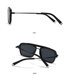 Detail view showing side and back angles of vintage black pilot sunglasses with metal trim